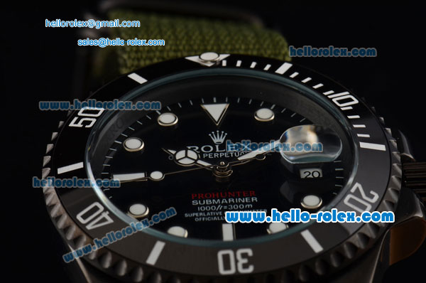 Rolex Submariner Asia 2813 Automatic PVD Case with Green Nylon Strap and Black Dial Stick Markers - Click Image to Close