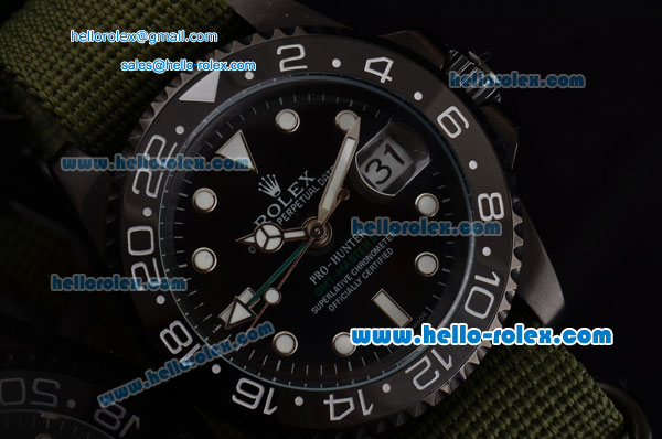 Rolex Pro-Hunter GMT-Master Asia 2813 Automatic PVD Case with Green Nylon Strap and Black Dial Stick Markers - Click Image to Close