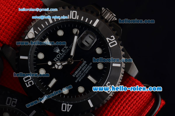 Rolex Submariner Asia 2813 Automatic PVD Case with Red Nylon Strap and Black Dial Stick Markers - Click Image to Close
