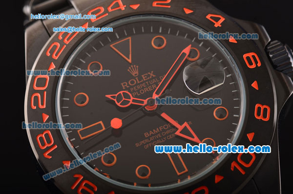 Rolex Stealth Flame Explorer II Bamfor GMT Asia 2813 Automatic PVD Case with PVD Strap Black Dial Orange Markers ETA Coating - Click Image to Close