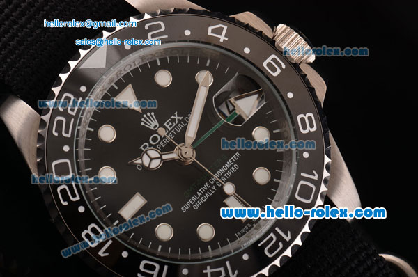 Rolex GMT Master II Asia 2813 Automatic Steel Case Ceramic Bezel with Black Nylon Strap Black Dial White Markers - Click Image to Close