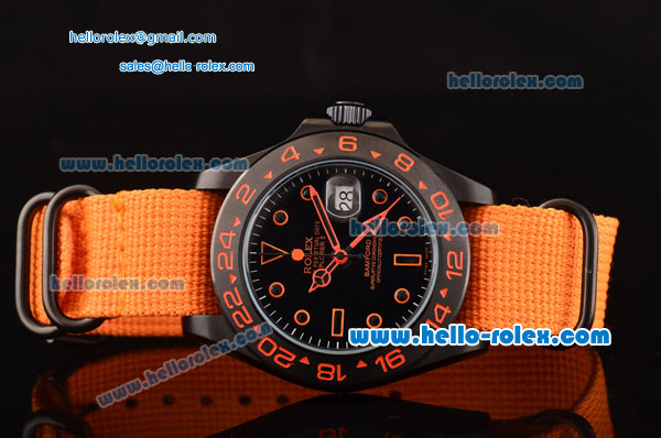 Rolex Stealth Flame Explorer II Bamfor Asia 2813 Automatic PVD Case with Orange Nylon Strap Black Dial Orange Markers - Click Image to Close