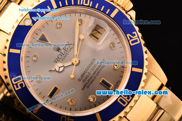 Rolex Submariner Asia 2813 Automatic Yellow Gold Case/Strap with Silver Dial Diamond Markers and Blue Bezel - ETA Coating - Click Image to Close