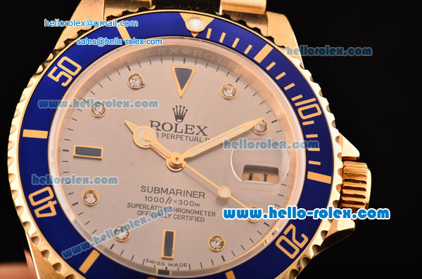 Rolex Submariner Asia 2813 Automatic Yellow Gold Case/Strap with Silver Dial Diamond Markers and Blue Bezel - ETA Coating - Click Image to Close