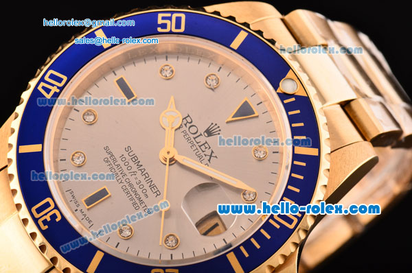 Rolex Submariner Asia 2813 Automatic Yellow Gold Case/Strap with Silver Dial Diamond Markers and Blue Bezel - ETA Coating - Click Image to Close