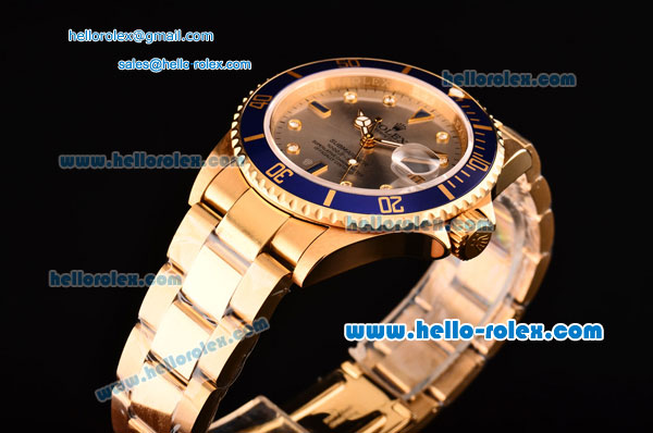 Rolex Submariner Asia 2813 Automatic Yellow Gold Case/Strap with Silver Dial Diamond Markers and Blue Bezel - ETA Coating - Click Image to Close