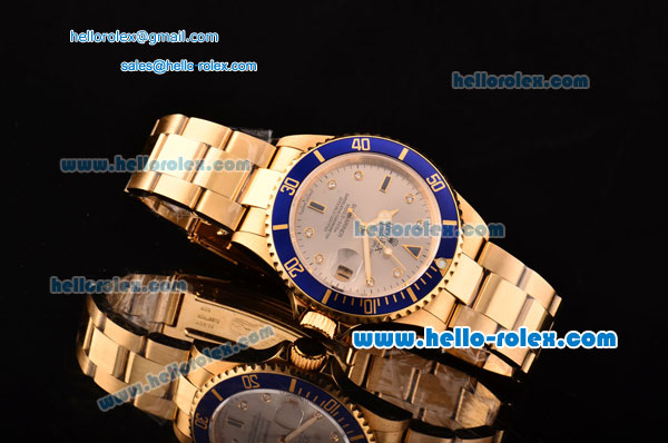 Rolex Submariner Asia 2813 Automatic Yellow Gold Case/Strap with Silver Dial Diamond Markers and Blue Bezel - ETA Coating - Click Image to Close
