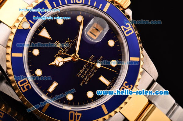 Rolex Submariner Asia 2813 Automatic Two Tone Case/Strap with Blue Dial LumiNova Markers and Blue Bezel ETA Coating - Click Image to Close