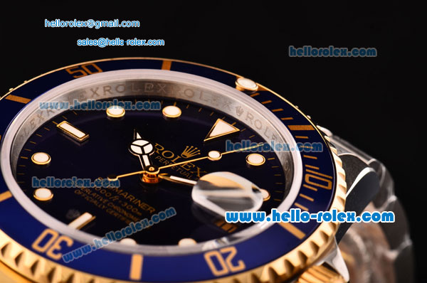 Rolex Submariner Asia 2813 Automatic Two Tone Case/Strap with Blue Dial LumiNova Markers and Blue Bezel ETA Coating - Click Image to Close