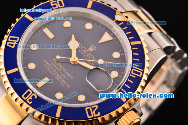 Rolex Submariner Asia 2813 Automatic Two Tone Case/Strap with Blue Dial LumiNova Markers and Blue Bezel ETA Coating - Click Image to Close