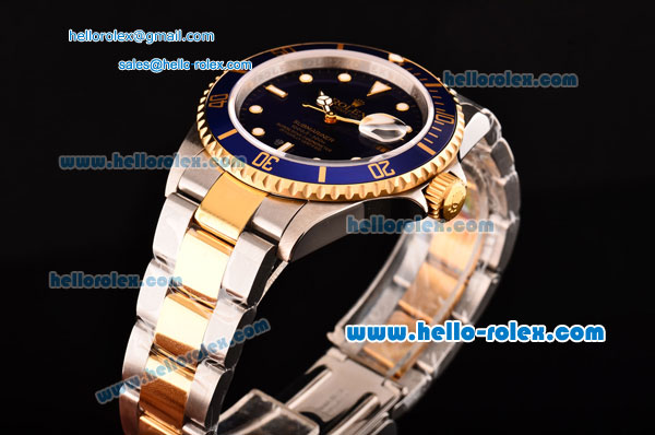 Rolex Submariner Asia 2813 Automatic Two Tone Case/Strap with Blue Dial LumiNova Markers and Blue Bezel ETA Coating - Click Image to Close