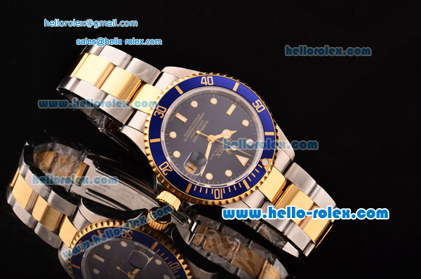 Rolex Submariner Asia 2813 Automatic Two Tone Case/Strap with Blue Dial LumiNova Markers and Blue Bezel ETA Coating - Click Image to Close