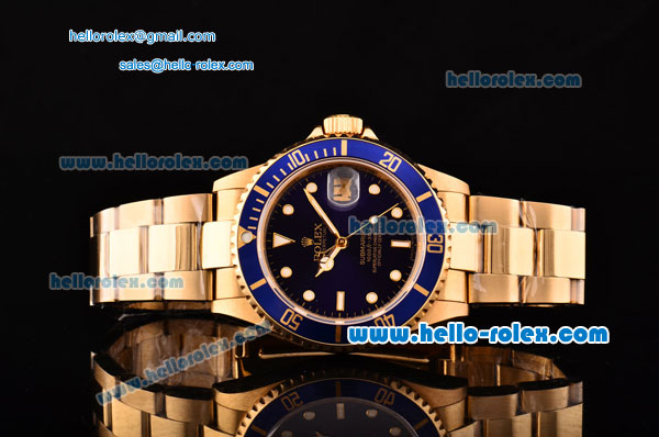 Rolex Submariner Asia 2813 Automatic Yellow Gold Case/Strap with Blue Dial Super LumiNova Markers and Blue Bezel - ETA Coating - Click Image to Close