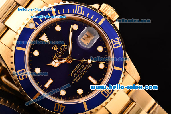 Rolex Submariner Asia 2813 Automatic Yellow Gold Case/Strap with Blue Dial Super LumiNova Markers and Blue Bezel - ETA Coating - Click Image to Close