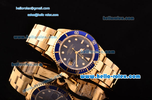 Rolex Submariner Asia 2813 Automatic Yellow Gold Case/Strap with Blue Dial Super LumiNova Markers and Blue Bezel - ETA Coating - Click Image to Close