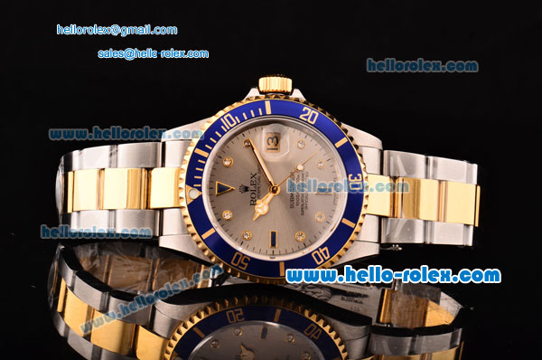 Rolex Submariner Asia 2813 Automatic Two Tone Case/Strap with Silver Dial Super LumiNova Markers and Blue Bezel - ETA Coating - Click Image to Close