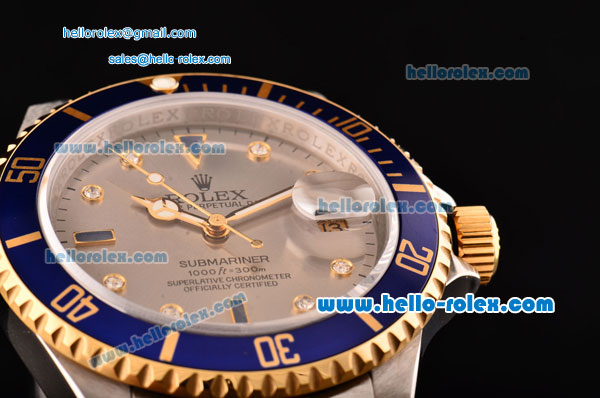 Rolex Submariner Asia 2813 Automatic Two Tone Case/Strap with Silver Dial Super LumiNova Markers and Blue Bezel - ETA Coating - Click Image to Close