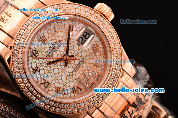 Rolex Lady-Datejust Pearlmaster Swiss ETA 2671 Automatic Full Rose Gold with White MOP Dial Diamond Bezel and Roman Numeral Markers - Click Image to Close