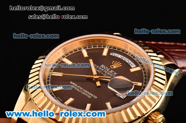 Rolex Day-Date Asia 2813 Automatic Yellow Gold Case with Brown Leather Strap Stick Markers and Brown Dial - Click Image to Close