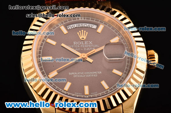 Rolex Day-Date Asia 2813 Automatic Yellow Gold Case with Brown Leather Strap Stick Markers and Brown Dial - Click Image to Close