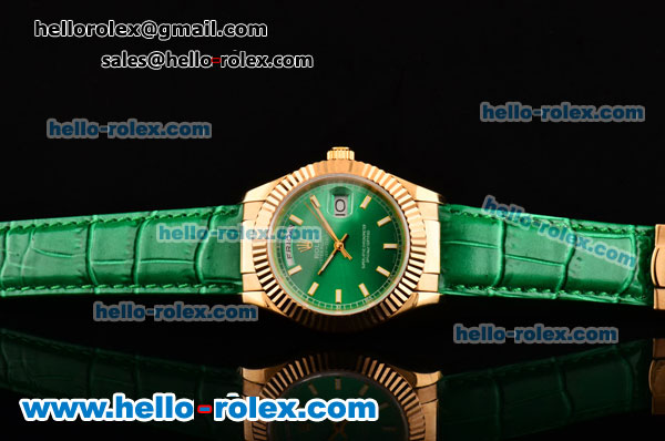 Rolex Day-Date Asia 2813 Automatic Yellow Gold Case with Green Leather Strap Stick Markers and Green Dial - Click Image to Close