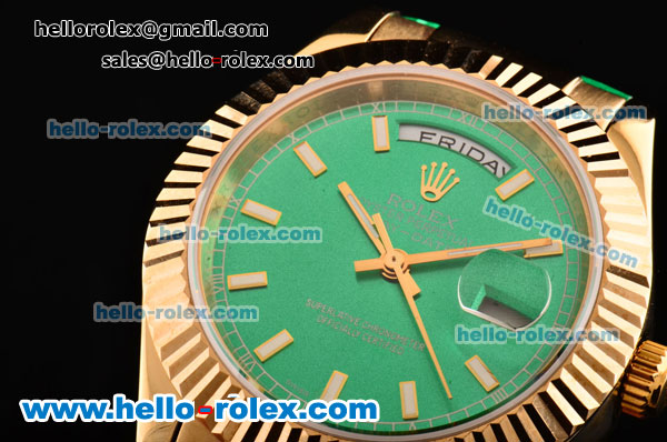 Rolex Day-Date Asia 2813 Automatic Yellow Gold Case with Green Leather Strap Stick Markers and Green Dial - Click Image to Close