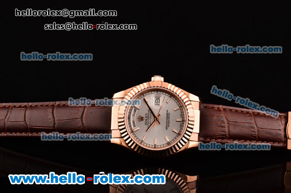 Rolex Day-Date Asia 2813 Automatic Rose Gold Case with Brown Leather Strap Stick Markers and White Dial - Click Image to Close