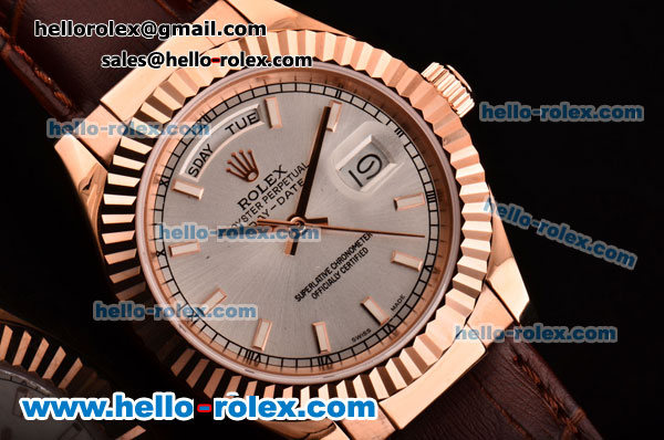 Rolex Day-Date Asia 2813 Automatic Rose Gold Case with Brown Leather Strap Stick Markers and White Dial - Click Image to Close