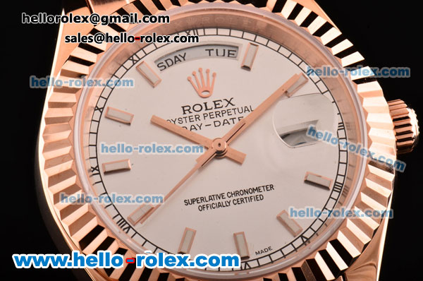 Rolex Day-Date Asia 2813 Automatic Rose Gold Case with Brown Leather Strap Stick Markers and White Dial - Click Image to Close