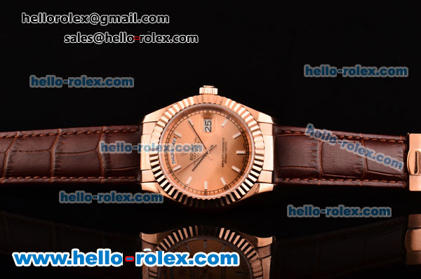 Rolex Day-Date Asia 2813 Automatic Rose Gold Case with Brown Leather Strap Stick Markers and Pink Dial - Click Image to Close