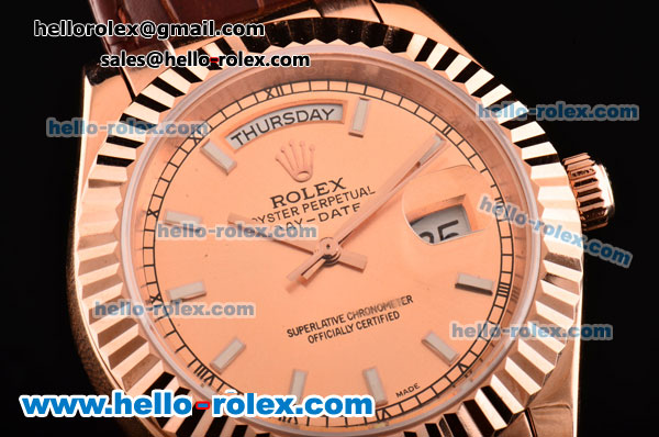 Rolex Day-Date Asia 2813 Automatic Rose Gold Case with Brown Leather Strap Stick Markers and Pink Dial - Click Image to Close