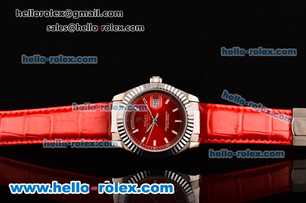 Rolex Day-Date Asia 2813 Automatic Steel Case with Red Leather Strap Stick Markers and Red Dial - Click Image to Close
