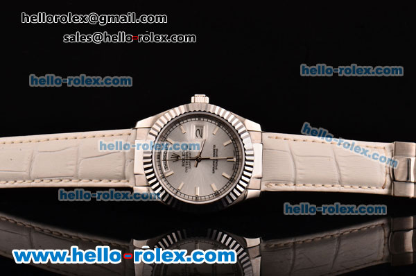 Rolex Day-Date Asia 2813 Automatic Steel Case with White Leather Strap Stick Markers and White Dial - Click Image to Close