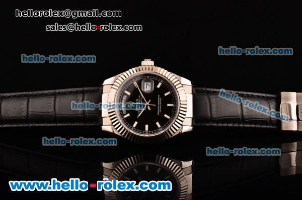 Rolex Day-Date Asia 2813 Automatic Steel Case with Black Leather Strap Stick Markers and Black Dial - Click Image to Close