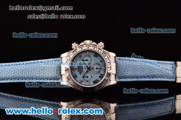 Rolex Daytona Chronograph Swiss Valjoux 7750-SHG Automatic Steel Case with Roman Numeral Markers Blue Leather Strap and Blue Dial - Click Image to Close