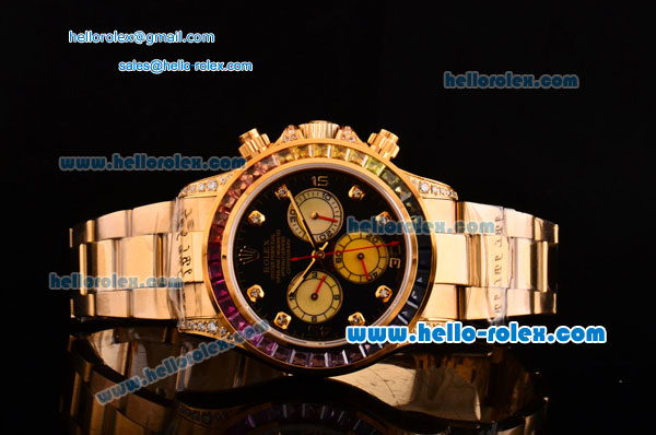 Rolex Daytona Rainbow Chrono Swiss Valjoux 7750-SHG Automatic Yellow Gold Case/Strap with Colorful Diamond Bezel and Black Dial - Click Image to Close