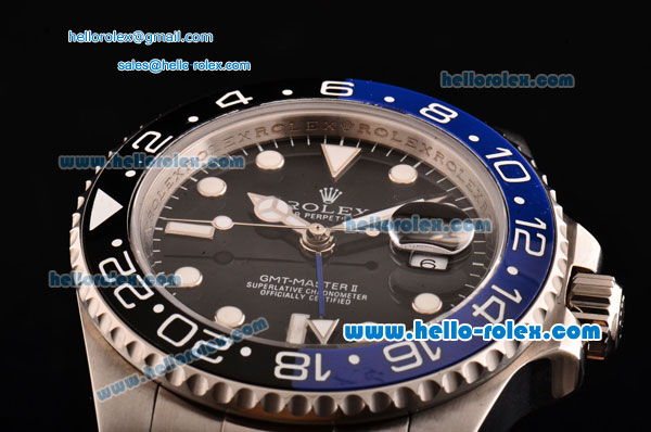 Rolex GMT-Master II Swiss ETA 2836 Automatic Full Steel with Black Dial Blue/Black Bezel and White Markers - Click Image to Close