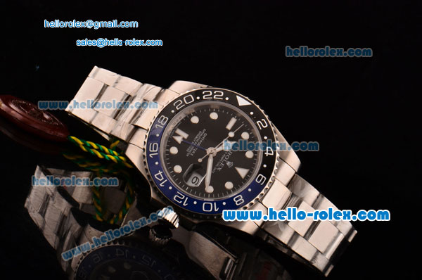 Rolex GMT-Master II Swiss ETA 2836 Automatic Full Steel with Black Dial Blue/Black Bezel and White Markers - Click Image to Close