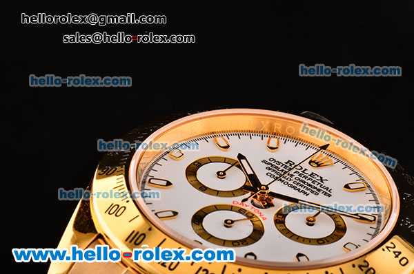 Rolex Daytona Chrono Swiss Valjoux 7750-SHG Automatic Gold Case/Strap with Stick Markers and White Dial - Click Image to Close