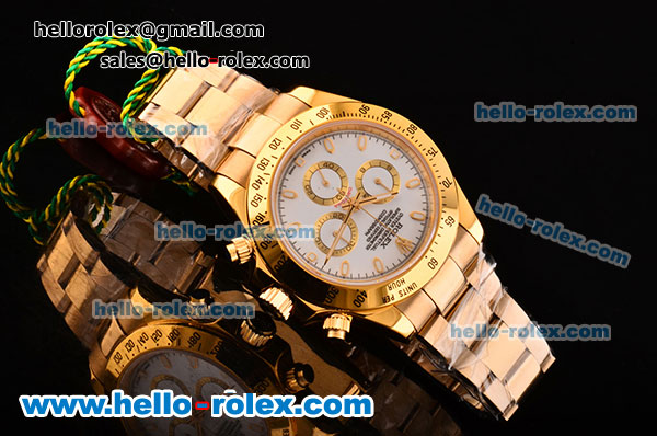 Rolex Daytona Chrono Swiss Valjoux 7750-SHG Automatic Gold Case/Strap with Stick Markers and White Dial - Click Image to Close