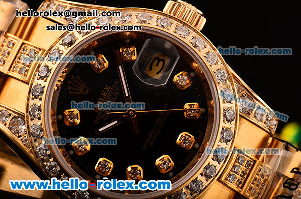 Rolex Dtejust 26MM Swiss ETA 2671 Automatic Yellow Gold Case with Diamond Markers Black DIal and Rose Gold/Diamond Strap - Click Image to Close