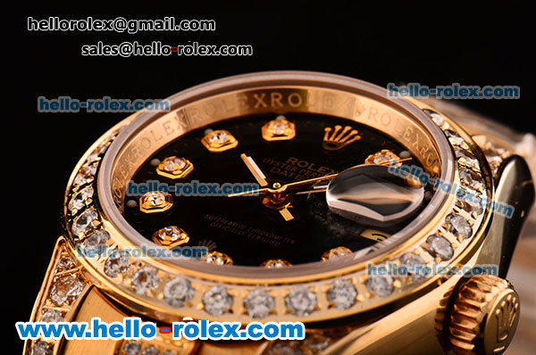 Rolex Dtejust 26MM Swiss ETA 2671 Automatic Yellow Gold Case with Diamond Markers Black DIal and Rose Gold/Diamond Strap - Click Image to Close