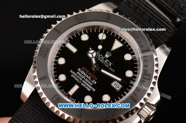 Rolex Submariner Stealth MK III Swiss ETA 2836 Automatic Steel Case with Black Nylon Strap and Steel/Ceramic Bezel - 2013 New - Click Image to Close