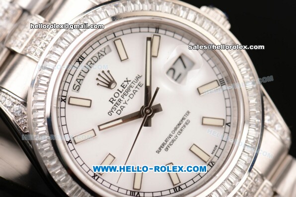 Rolex Day-Date II Swiss ETA 2836 Automatic Steel/Diamond Case with White Dial Diamond Bezel and Stick Markers - Click Image to Close