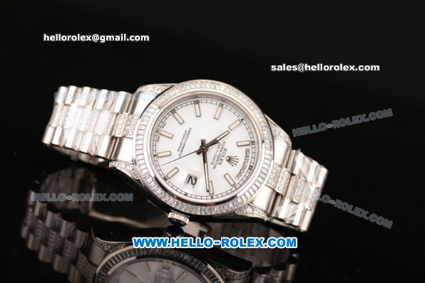 Rolex Day-Date II Swiss ETA 2836 Automatic Steel/Diamond Case with White Dial Diamond Bezel and Stick Markers - Click Image to Close