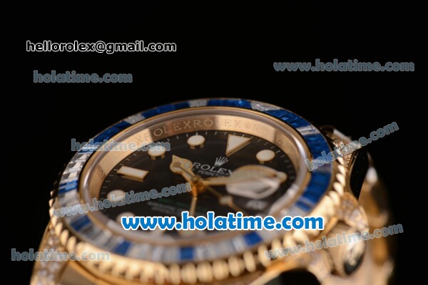 Rolex GMT Master II Asia 2813 Automatic Yellow Gold/Diamond Case with White Dot Markers and Diamond Bezel - ETA Coating - Click Image to Close