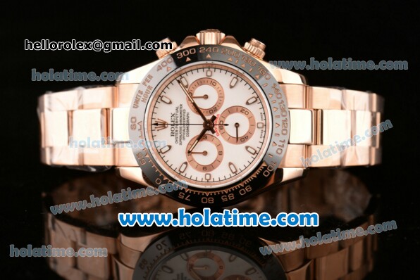 Rolex Daytona Chrono Swiss Valjoux 7750 Automatic Rose Gold Case with Stick Markers White Dial and Black Ceramic Bezel - Click Image to Close