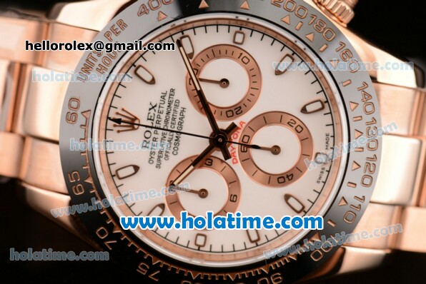 Rolex Daytona Chrono Swiss Valjoux 7750 Automatic Rose Gold Case with Stick Markers White Dial and Black Ceramic Bezel - Click Image to Close