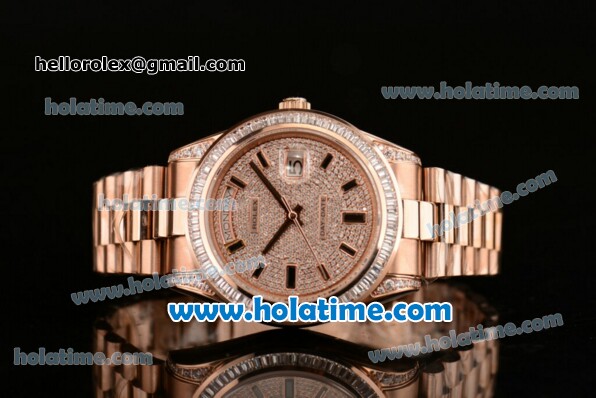 Rolex Day Date II Swiss ETA 2836 Automatic Full Rose Gold with Diamond Dial/Bezel and Black Stick Markers - Click Image to Close