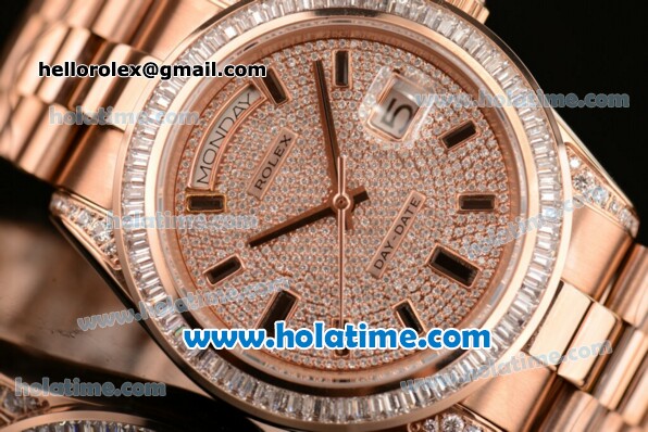 Rolex Day Date II Swiss ETA 2836 Automatic Full Rose Gold with Diamond Dial/Bezel and Black Stick Markers - Click Image to Close